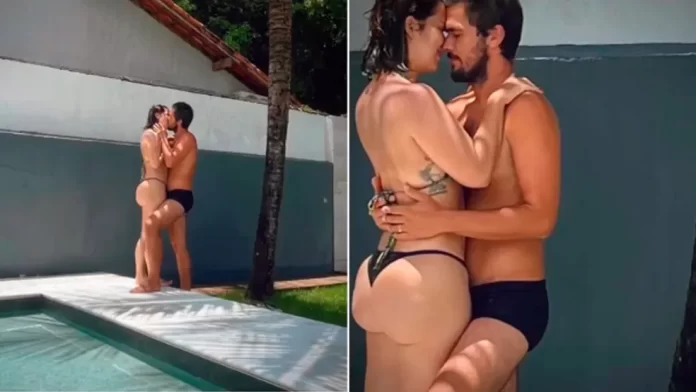 Paloma Duarte e Bruno Ferrari beijando na piscina