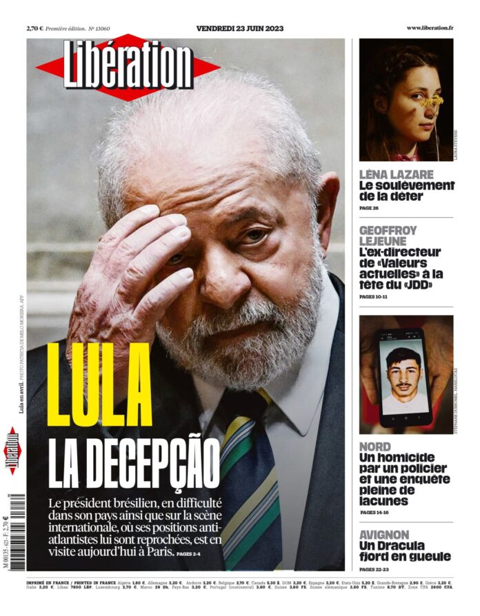O presidente Lula estampa capa do jornal francês Libération nesta sexta