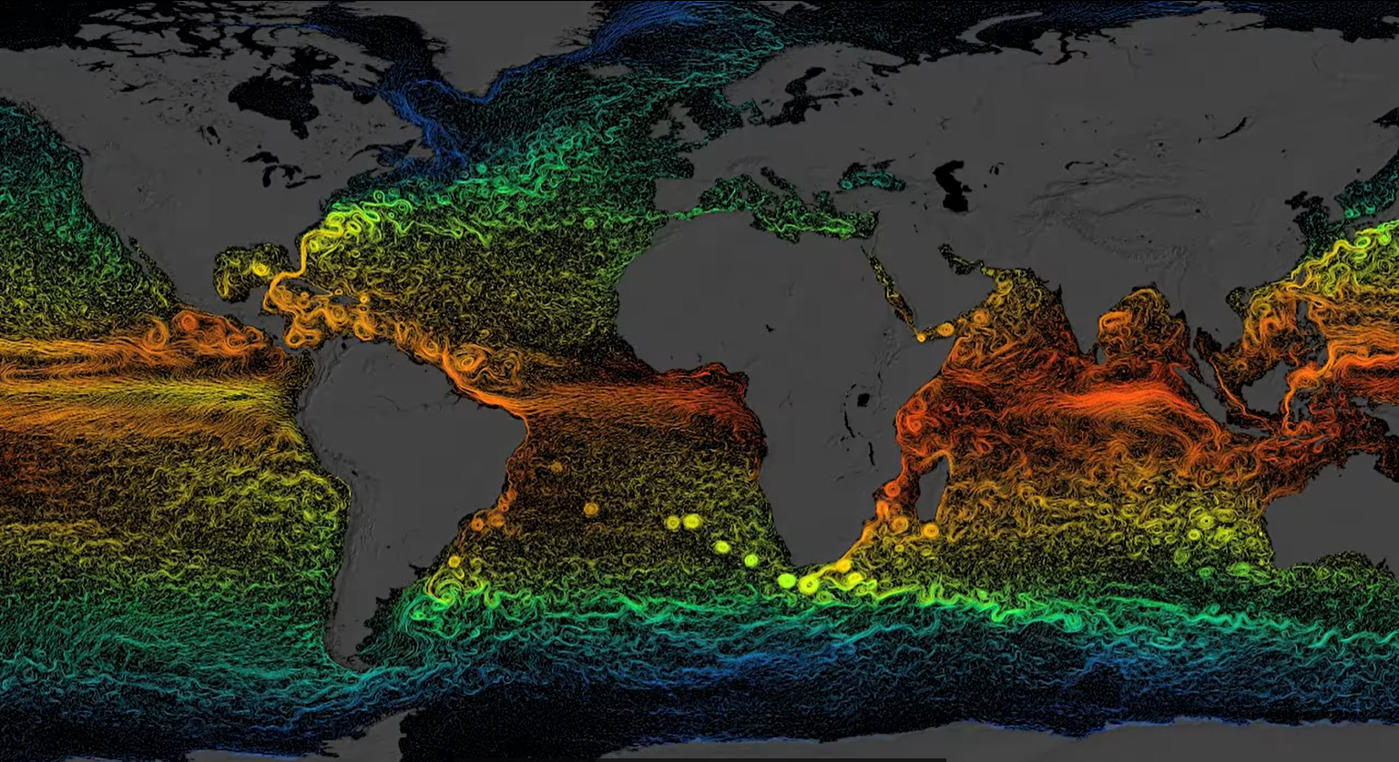 Imagem mostra as correntes do Atlântico Norte, com cores diferentes para indicar águas mais quentes em laranja e águas mais frias em verde e azul. Em cinza, estão representados os continentes. — Foto: NASA GODDARD SPACE FLIGHT CENTER
